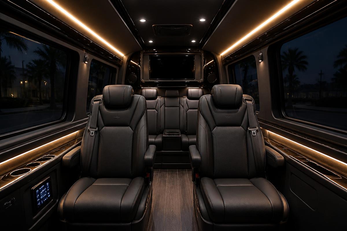 Luxury shuttle interior with leather seats and ambient lighting