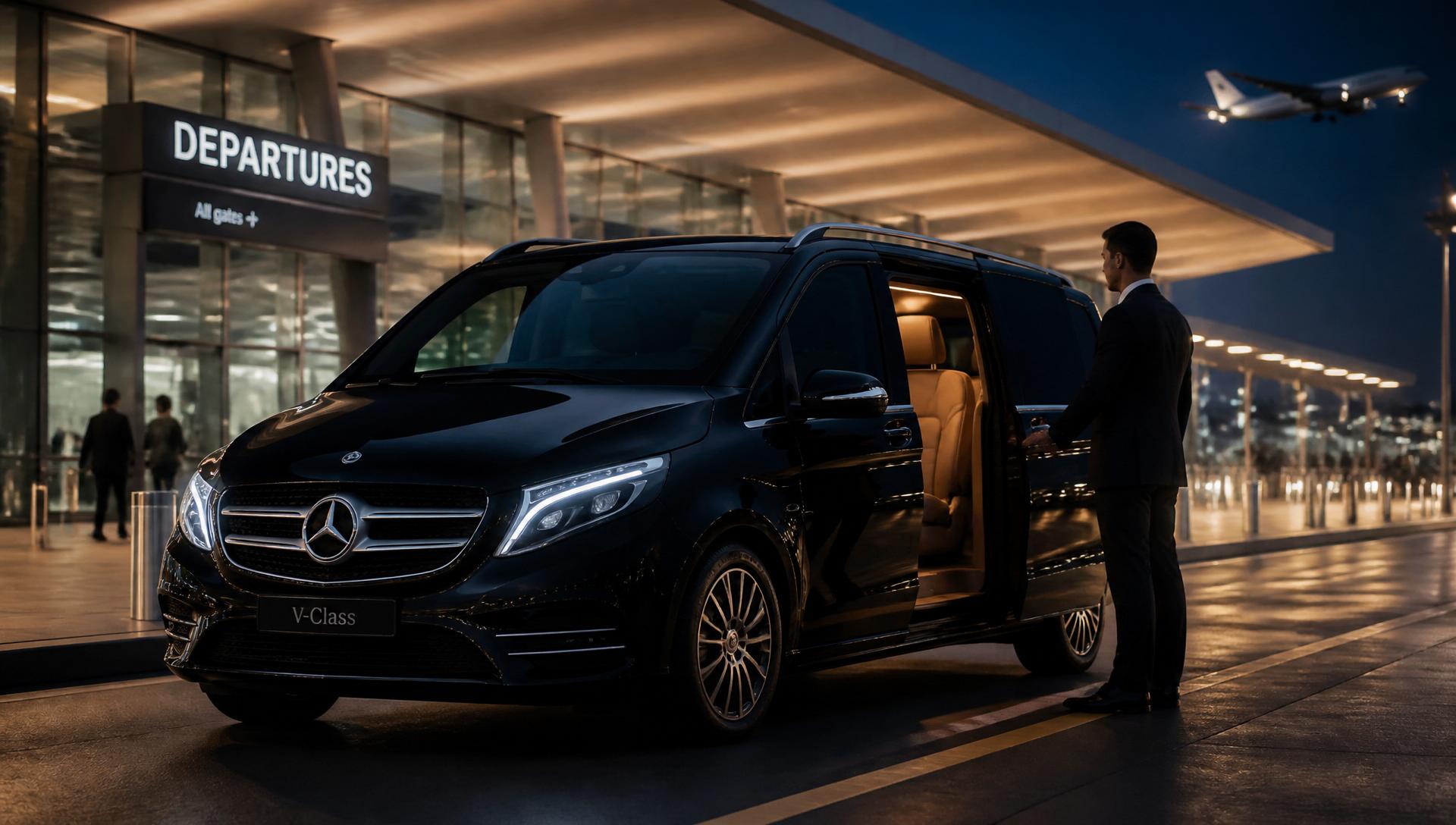 Premium black Mercedes shuttle at airport departures terminal